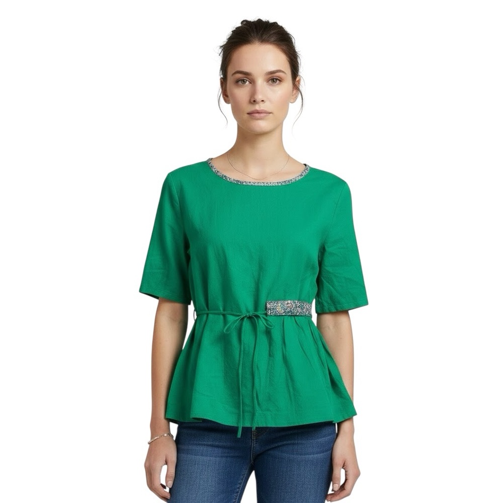 NEW Green Cotton Linen Blend Short Sleeve Tie Waist Top